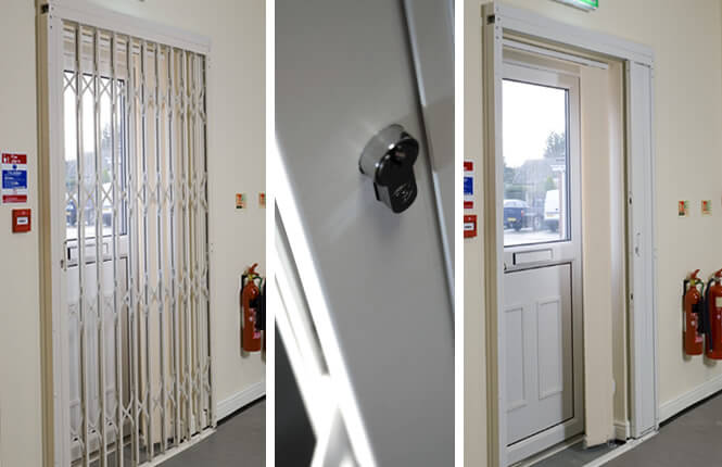RSG1200 LPS1175 SR1 security door grille installed on an fire exit in an office in Hertfordshire.