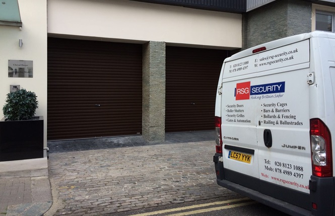 RSG7000 garage door shutters providing security to a company's garage in London.